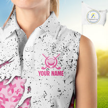 Load image into Gallery viewer, Pink ribbon white grunge pattern Women Sleeveless Polo Shirt custom breast cancer awareness golf top NQS10386