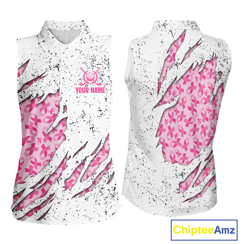 Pink ribbon white grunge pattern Women Sleeveless Polo Shirt custom breast cancer awareness golf top NQS10386