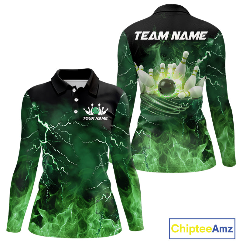 Women bowling shirts Custom green lightning thunder flame Bowling Team Jersey, gift for team Bowlers NQS10388