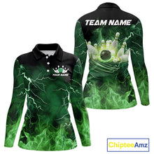 Load image into Gallery viewer, Women bowling shirts Custom green lightning thunder flame Bowling Team Jersey, gift for team Bowlers NQS10388