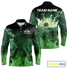 Load image into Gallery viewer, Mens bowling shirts Custom green lightning thunder flame Bowling Team Jersey, gift for team Bowlers NQS10388