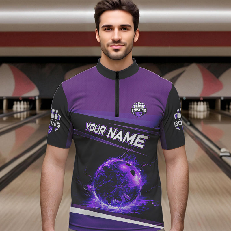 Black and Purple Lighting Flame Mens Bowling Polo, Quarter Zip Shirt Custom Team bowling jerseys NQS9320