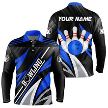 Load image into Gallery viewer, Black and Blue Bowling Polo, Quarter Zip Shirt for Men Custom Team bowling jerseys, Gift for bowlers NQS9322