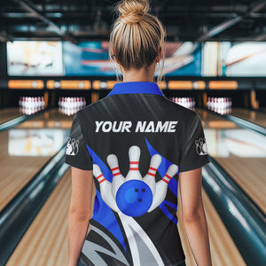 Black and Blue Bowling Polo, Quarter Zip Shirt for Women Custom Team bowling jerseys, Gift for bowlers NQS9322