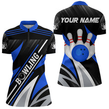 Load image into Gallery viewer, Black and Blue Bowling Polo, Quarter Zip Shirt for Women Custom Team bowling jerseys, Gift for bowlers NQS9322