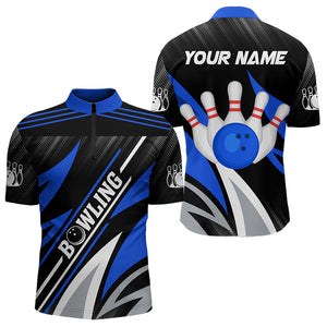 Black and Blue Bowling Polo, Quarter Zip Shirt for Men Custom Team bowling jerseys, Gift for bowlers NQS9322