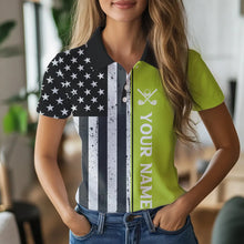 Load image into Gallery viewer, Black White Retro American Flag Golf Polo Shirt for Women Custom Patriotic Golf Team Shirt | Green NQS9637