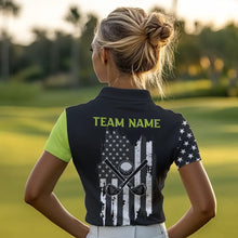 Load image into Gallery viewer, Black White Retro American Flag Golf Polo Shirt for Women Custom Patriotic Golf Team Shirt | Green NQS9637