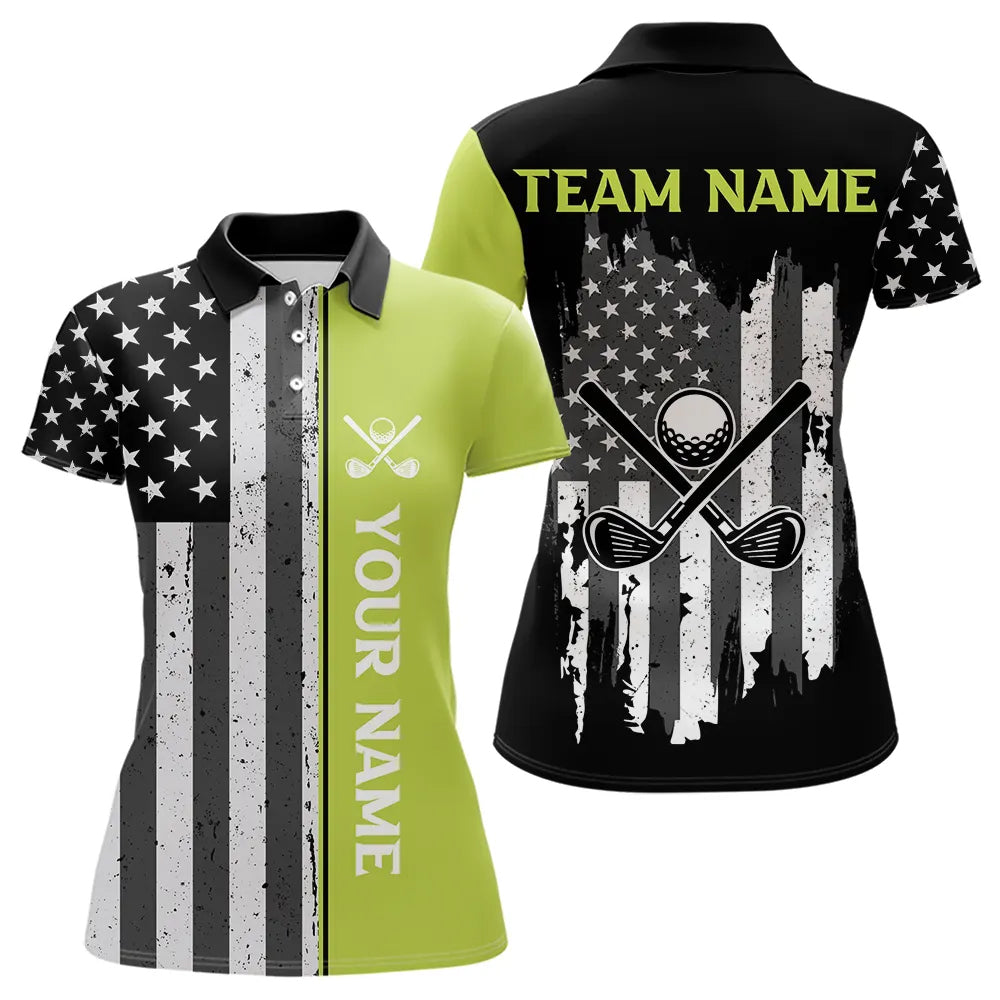 Black White Retro American Flag Golf Polo Shirt for Women Custom Patriotic Golf Team Shirt | Green NQS9637