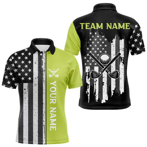 Black White Retro American Flag Golf Polo Shirt for Men Custom Patriotic Golf Team Shirt | Green NQS9637