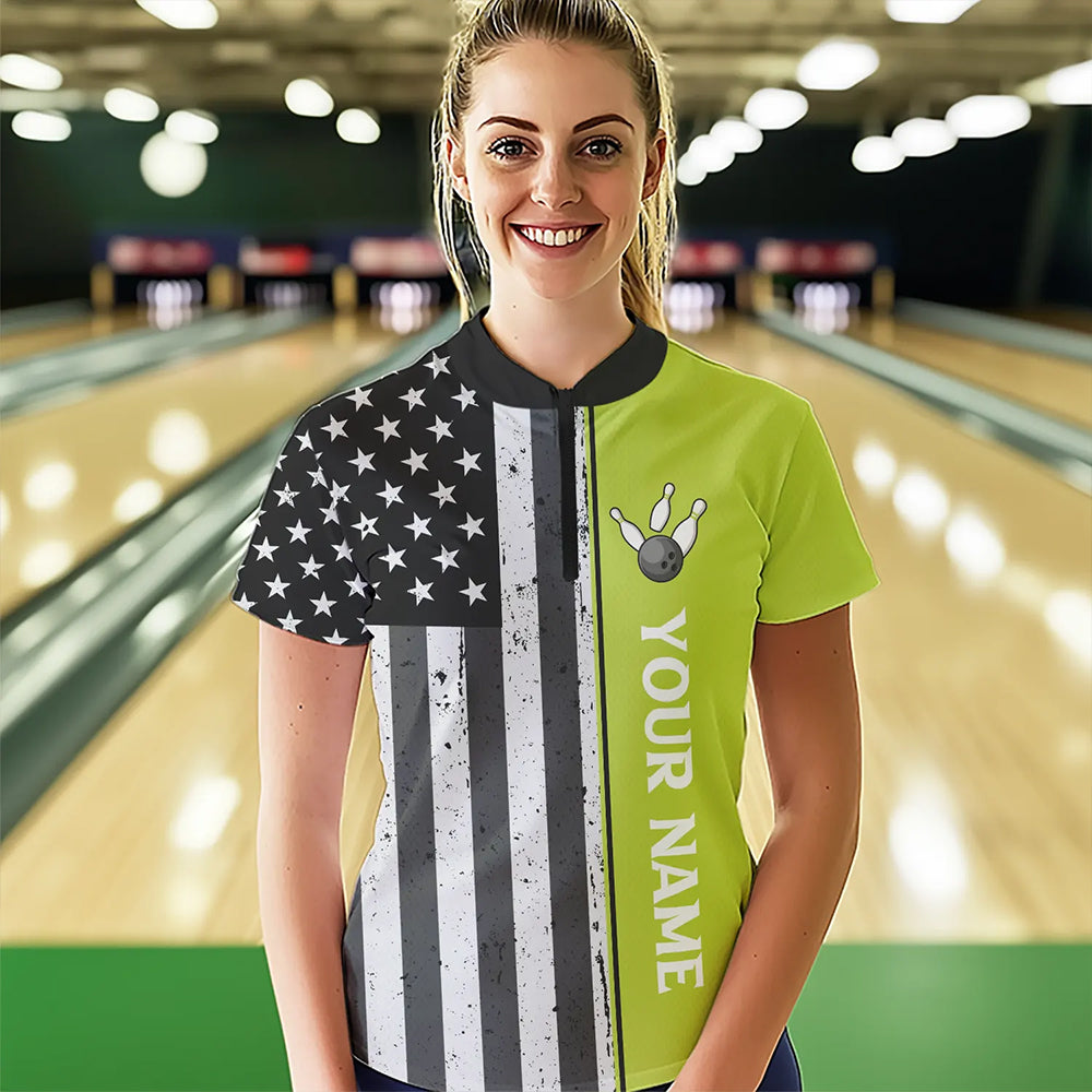 Black White Retro American Flag Bowling Shirts For Women Custom Patriotic Bowling Team Jersey | Green NQS9638