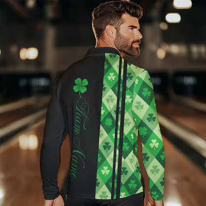 Black and Green Argyle Clover pattern Men Bowling Shirts Custom St patrick Day Bowling Team Jersey NQS9639