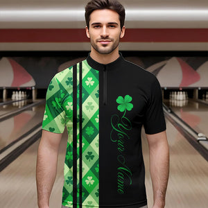Black and Green Argyle Clover pattern Men Bowling Shirts Custom St patrick Day Bowling Team Jersey NQS9639