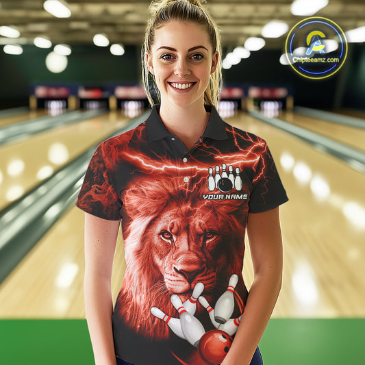 Personalized Red Lightning Thunder Storm Lion Bowling Shirts For Women Custom Bowling Team Jerseys NQS9840