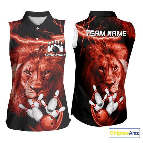 Personalized Red Lightning Thunder Lion Bowling Sleeveless Polo Shirt Custom Bowling Team Jersey NQS9840
