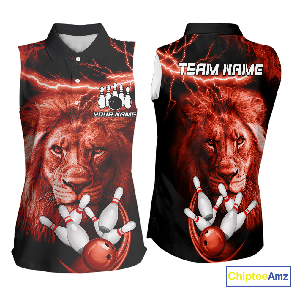 Personalized Red Lightning Thunder Lion Bowling Sleeveless Polo Shirt Custom Bowling Team Jersey NQS9840