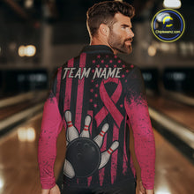 Load image into Gallery viewer, Black and Pink ribbon American Flag Breast Cancer Bowling Shirts For Men Custom Bowling Team Jerseys NQS9841