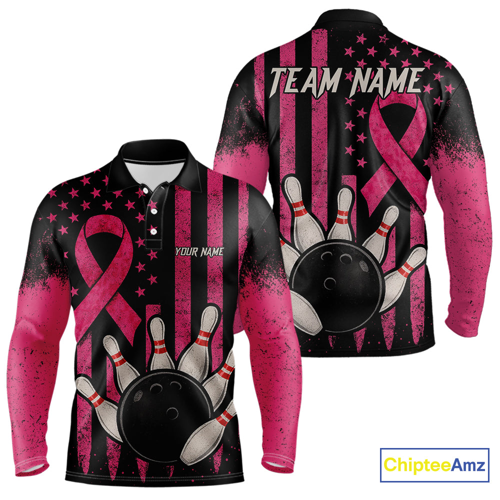 Black and Pink ribbon American Flag Breast Cancer Bowling Shirts For Men Custom Bowling Team Jerseys NQS9841