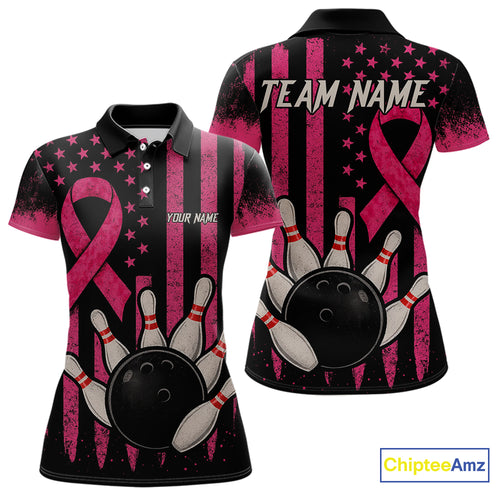 Black and Pink ribbon American Flag Breast Cancer Bowling Shirts For Women Custom Bowling Team Jerseys NQS9841
