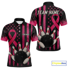 Load image into Gallery viewer, Black and Pink ribbon American Flag Breast Cancer Bowling Shirts For Men Custom Bowling Team Jerseys NQS9841