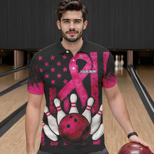 Load image into Gallery viewer, Breast Cancer Bowling Shirts For Men Custom Black and Pink ribbon American Flag Bowling Team Jerseys NQS9842