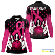 Load image into Gallery viewer, Breast Cancer Bowling Shirts For Women Custom Black and Pink ribbon American Flag Bowling Team Jerseys NQS9842