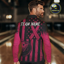 Load image into Gallery viewer, Black and Pink ribbon American Flag Bowling Shirts For Men Custom Breast Cancer team bowling shirts NQS9843