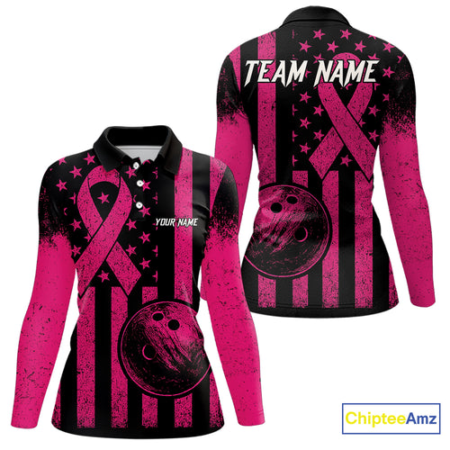 Black and Pink ribbon American Flag Bowling Shirts For Women Custom Breast Cancer team bowling shirts NQS9843