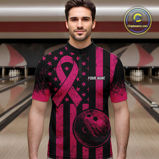 Black and Pink ribbon American Flag Bowling Shirts For Men Custom Breast Cancer team bowling shirts NQS9843