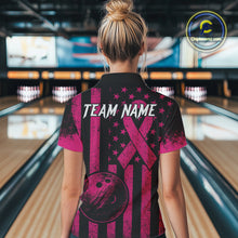 Load image into Gallery viewer, Black and Pink ribbon American Flag Bowling Shirts For Women Custom Breast Cancer team bowling shirts NQS9843
