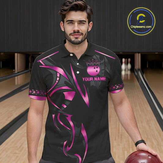 Black and Pink crown Bowling ball Polo, Quarter Zip Shirts for Men Custom Bowling Team jerseys NQS10074