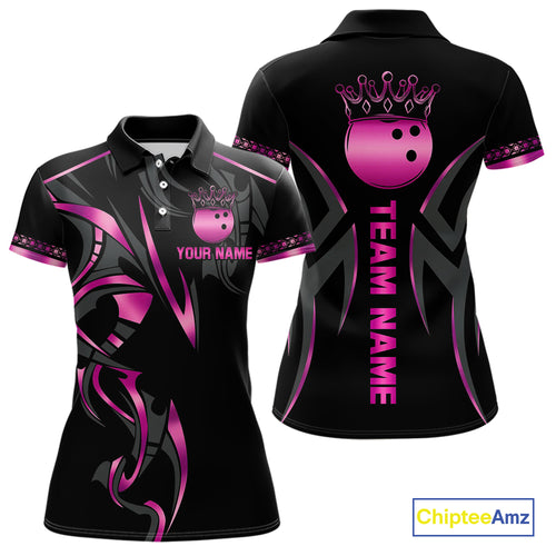 Black and Pink crown Bowling ball Polo, Quarter Zip Shirts for Women Custom Bowling Team jerseys NQS10074