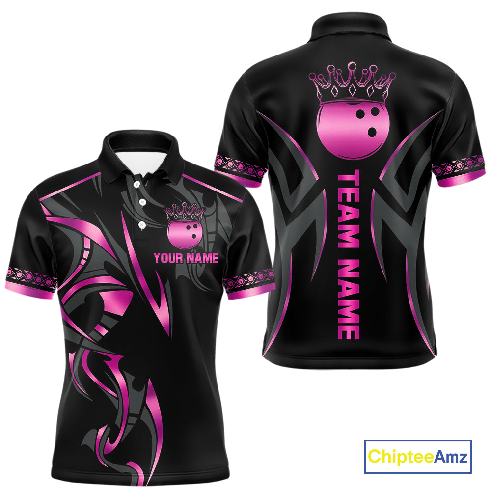 Black and Pink crown Bowling ball Polo, Quarter Zip Shirts for Men Custom Bowling Team jerseys NQS10074