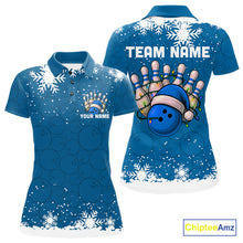 Load image into Gallery viewer, Blue Christmas Bowling snowflake Women&#39;s Bowling Polo, Quarter Zip shirts Custom Xmas Bowling Outfits NQS10995