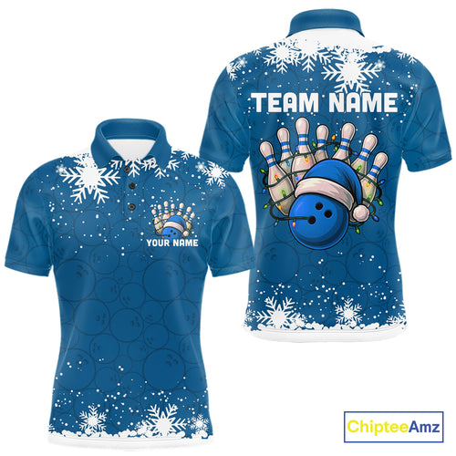 Blue Christmas Bowling snowflake Men's Bowling Polo, Quarter Zip shirts Custom Xmas Bowling Outfits NQS10995