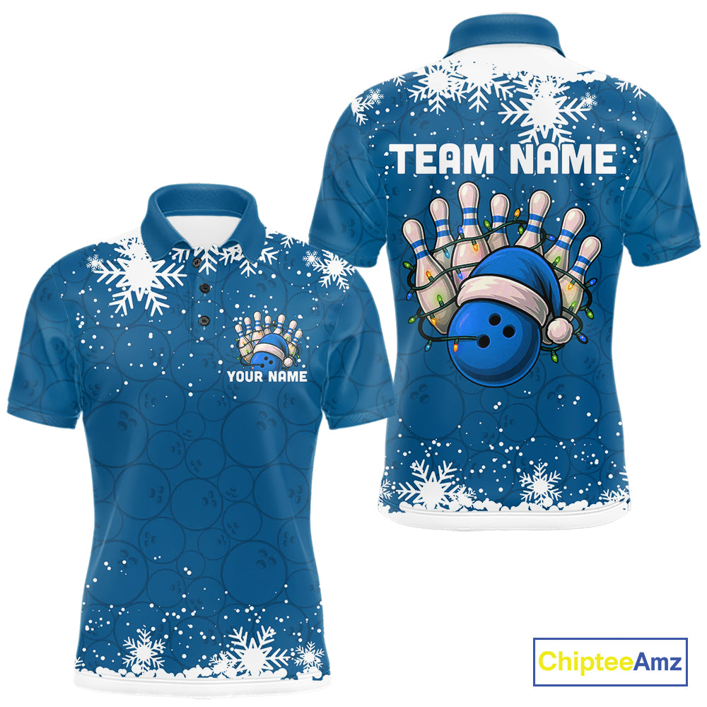 Blue Christmas Bowling snowflake Men's Bowling Polo, Quarter Zip shirts Custom Xmas Bowling Outfits NQS10995