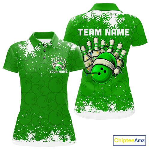 Green Christmas Bowling snowflake Women's Bowling Polo, Quarter Zip shirt Custom Xmas Bowling Outfits NQS10996