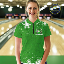 Load image into Gallery viewer, Green Christmas Bowling snowflake Women&#39;s Bowling Polo, Quarter Zip shirt Custom Xmas Bowling Outfits NQS10996