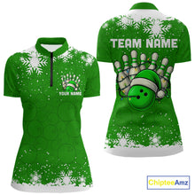 Load image into Gallery viewer, Green Christmas Bowling snowflake Women&#39;s Bowling Polo, Quarter Zip shirt Custom Xmas Bowling Outfits NQS10996