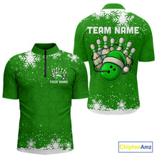 Load image into Gallery viewer, Green Christmas Bowling snowflake Men&#39;s Bowling Polo, Quarter Zip shirts Custom Xmas Bowling Outfits NQS10996