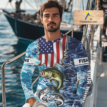 Load image into Gallery viewer, American Flag Largemouth Bass Fishing blue sea camo custom long sleeves performance fishing shirts NQS11190
