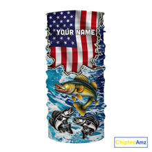 Load image into Gallery viewer, American Flag Walleye Fishing blue sea camo custom patriotic long sleeves performance fishing shirts NQS11191