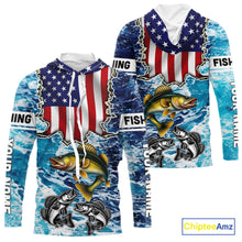 Load image into Gallery viewer, American Flag Walleye Fishing blue sea camo custom patriotic long sleeves performance fishing shirts NQS11191