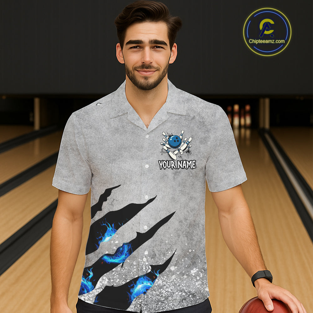Blue flame bowling ball jerseys Gray grunge custom bowling hawaiian shirts, bowling league shirts NQS11396