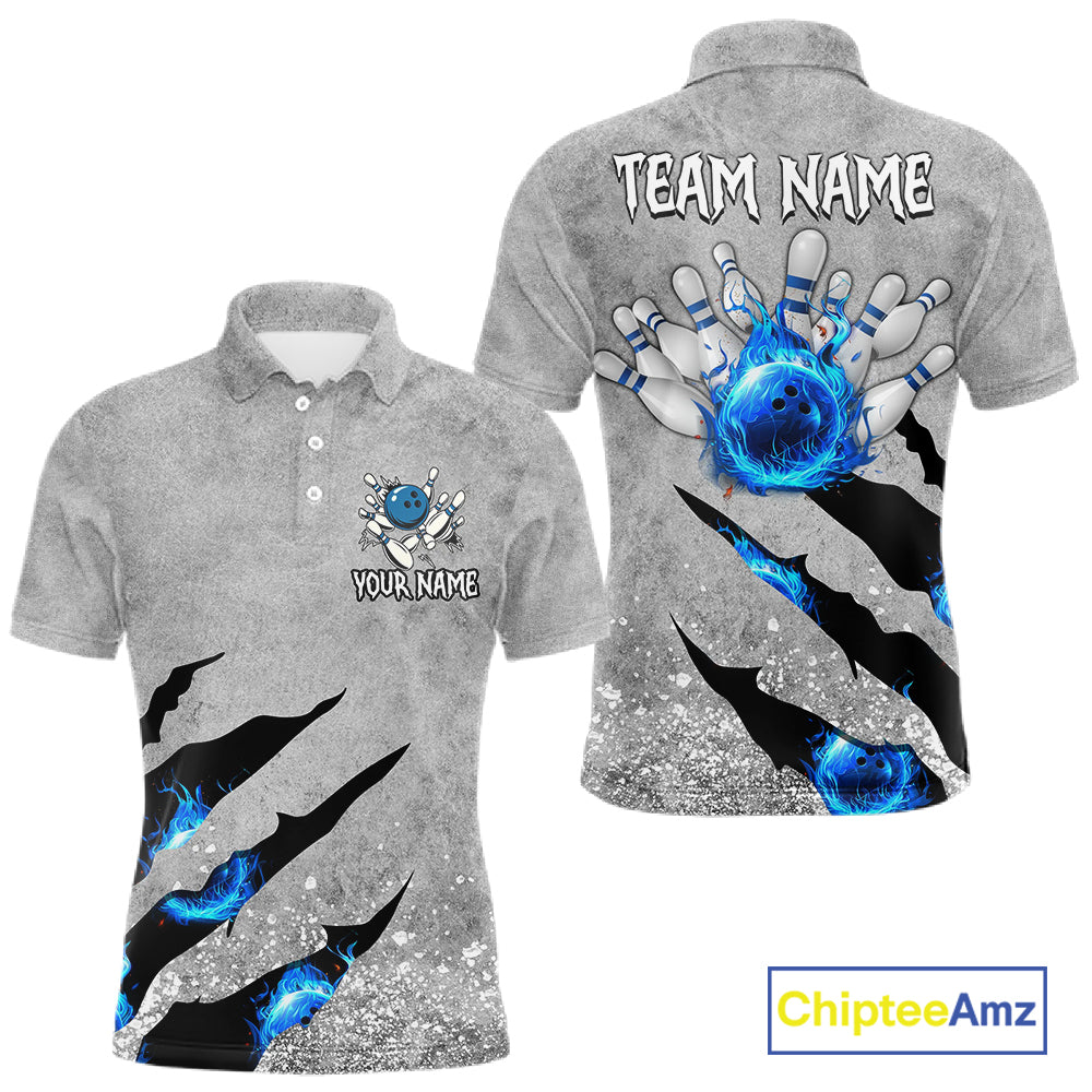 Blue flame bowling ball jerseys Gray grunge custom bowling shirts for men, bowling league shirts NQS11396