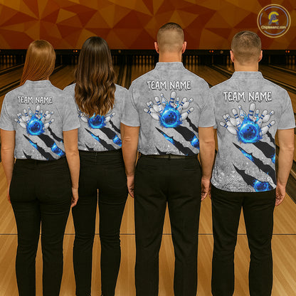 Blue flame bowling ball jerseys Gray grunge custom bowling shirts women, bowling league shirts NQS11396