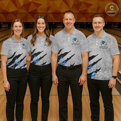 Blue flame bowling ball jerseys Gray grunge custom bowling shirts women, bowling league shirts NQS11396