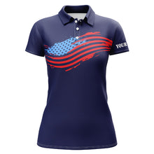 Load image into Gallery viewer, Womens golf polos shirts custom American flag patriot golf apparel, coolest ladies polo shirts | Navy NQS7146