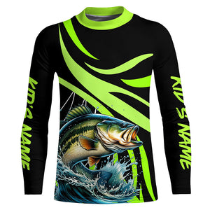 Personalized Largemouth Bass Long Sleeve Fishing Shirts, Bass Tournament Fishing Jerseys | Green NQS7421