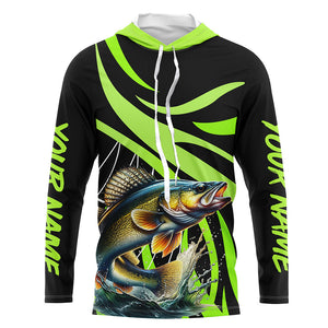 Personalized Walleye Long Sleeve Fishing Shirts, Walleye Tournament Fishing Jerseys | Green NQS7424